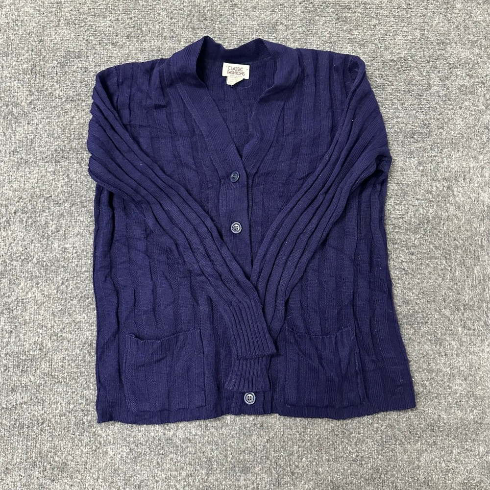 Classic Fashions Cardigan Womens Size L Navy Blue Ribbed Knit Button USA Vintage